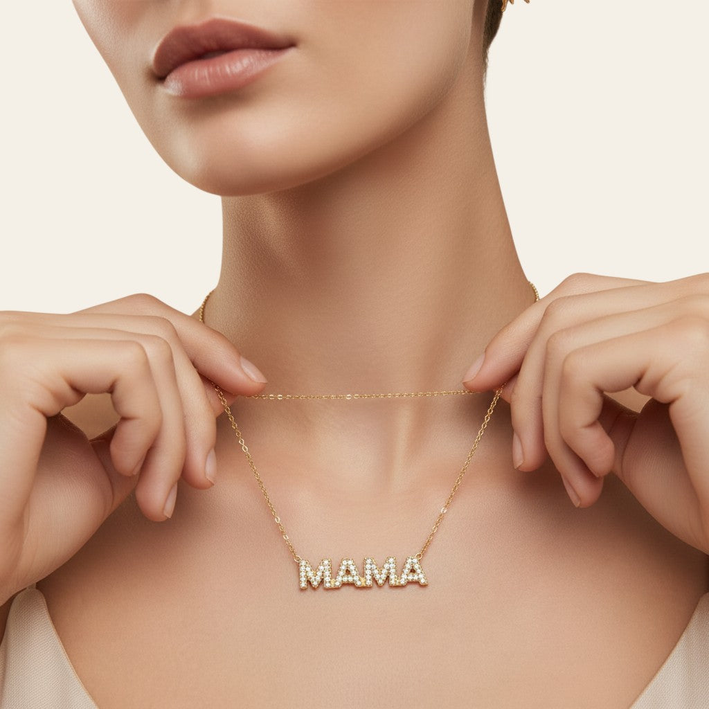 Seraphina Treasures gold plated necklace with "MAMA" spelled out in pavé set cubic zirconia stones.