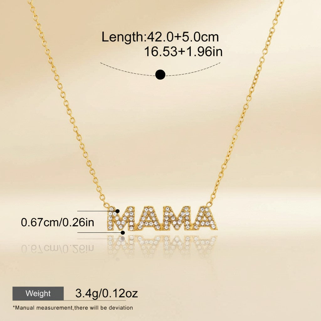 Seraphina Treasures gold-tone necklace with "MAMA" pendant encrusted with clear stones. Adjustable chain.