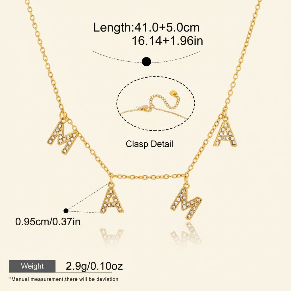 Seraphina Treasures gold-tone necklace with crystal-studded "MAMA" letters, adjustable chain, perfect for moms.