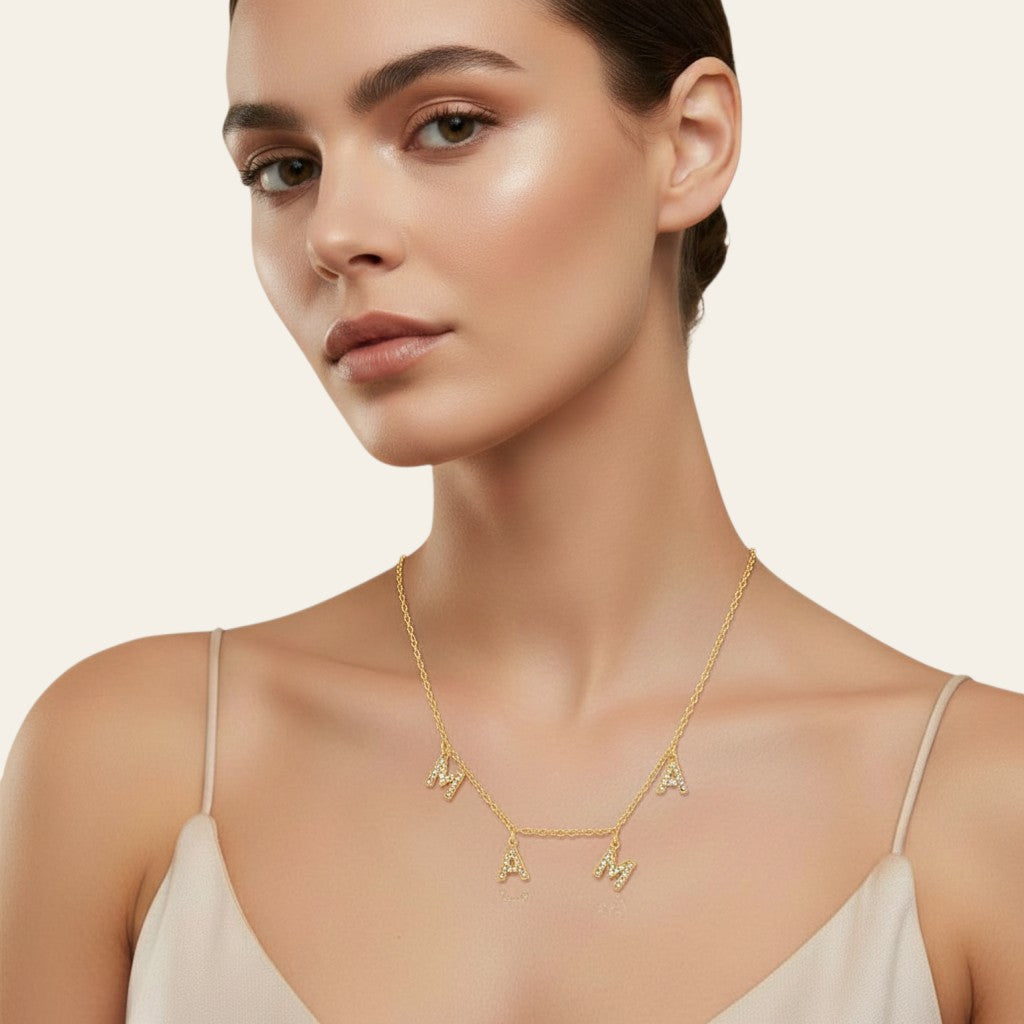 Seraphina Treasures gold-tone necklace with crystal-studded "MAMA" charms, perfect for Mother's Day.