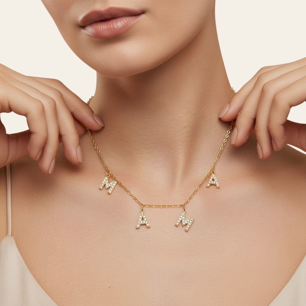 Seraphina Treasures gold-tone necklace with crystal-studded 'MAMA' charms, perfect for Mother's Day.