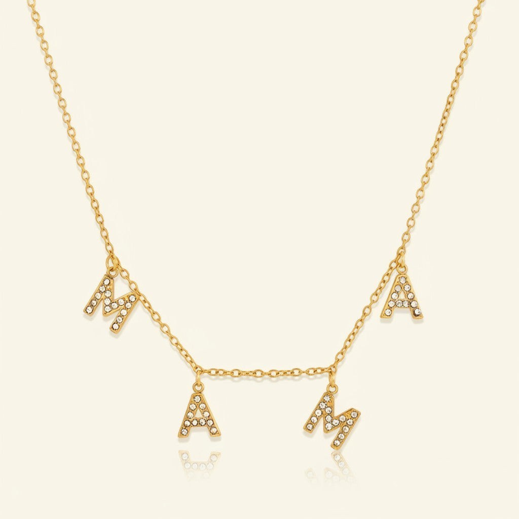 Seraphina Treasures gold-tone necklace with crystal-studded "MAMA" charms, perfect for Mother's Day.