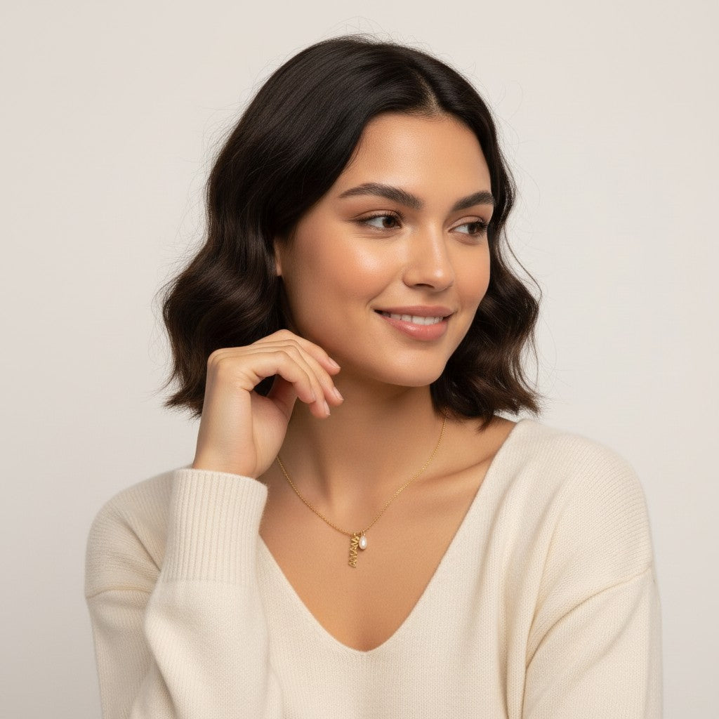 Seraphina Treasures Mamirra necklace with "MAMA" letters and pearl accent on a model.