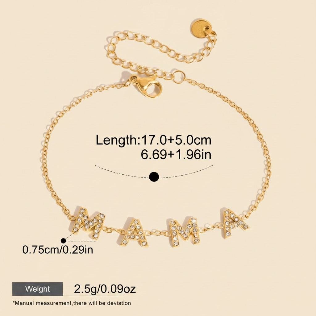 Seraphina Treasures gold-tone bracelet with "MAMA" spelled out in rhinestone-embellished letters.