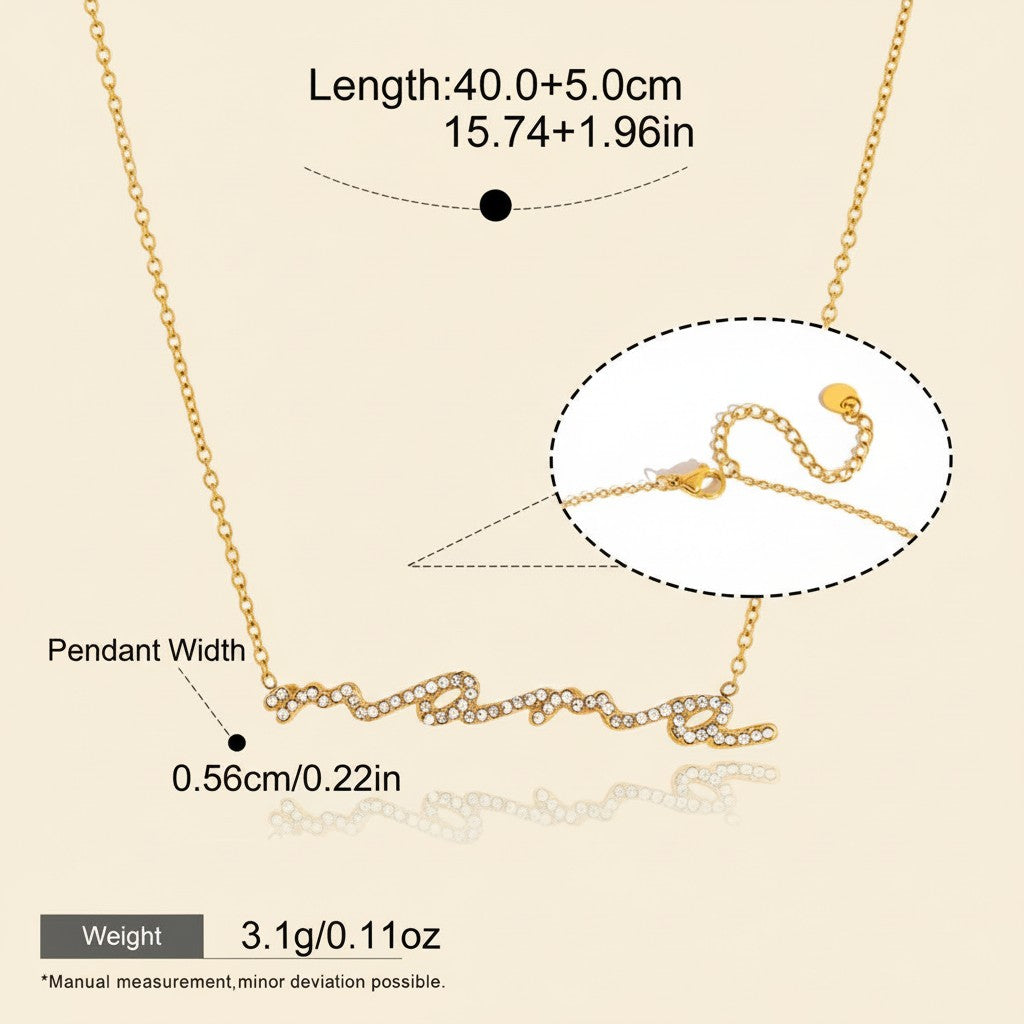 Seraphina Treasures gold-tone necklace with crystal-studded "MAMA" script pendant, adjustable chain.