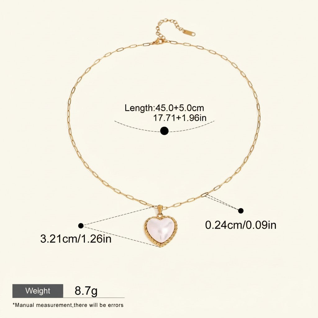 Seraphina Treasures Meryt necklace with a gold chain and a white heart-shaped imitation pearl pendant.
