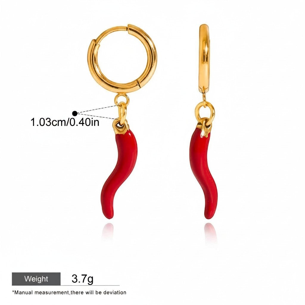 Seraphina Treasures Mirava gold hoop earrings with red chili pepper charms. Waterproof and hypoallergenic.