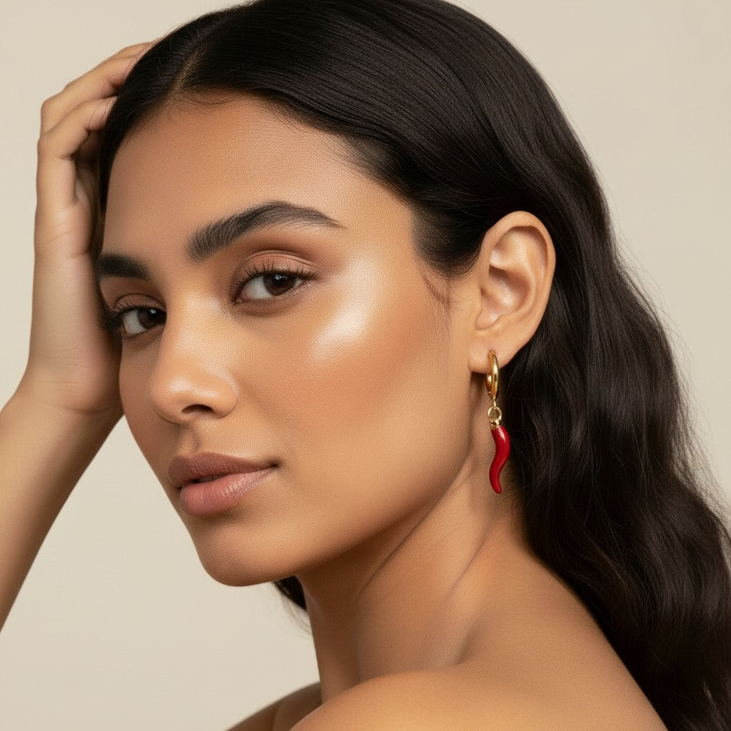 Seraphina Treasures Mirava red chili pepper charm hoop earrings on a model.