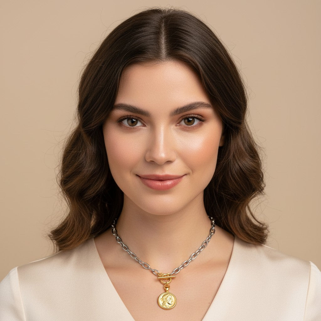Seraphina Treasures mixed-color double-sided portrait coin necklace with toggle clasp. Gold coin pendant.