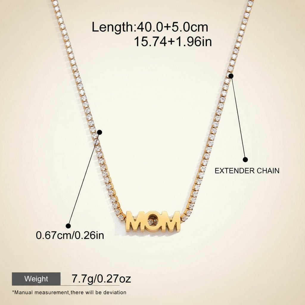 Seraphina Treasures gold-tone necklace with crystal-lined chain and "MOM" pendant. Features an extender chain.