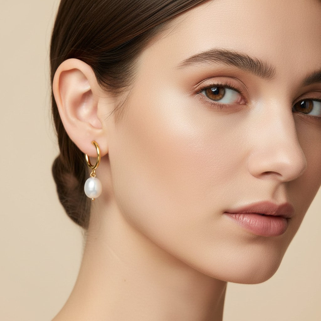 Seraphina Treasures Myrrhina gold huggie hoop earrings with freshwater pearl drop.