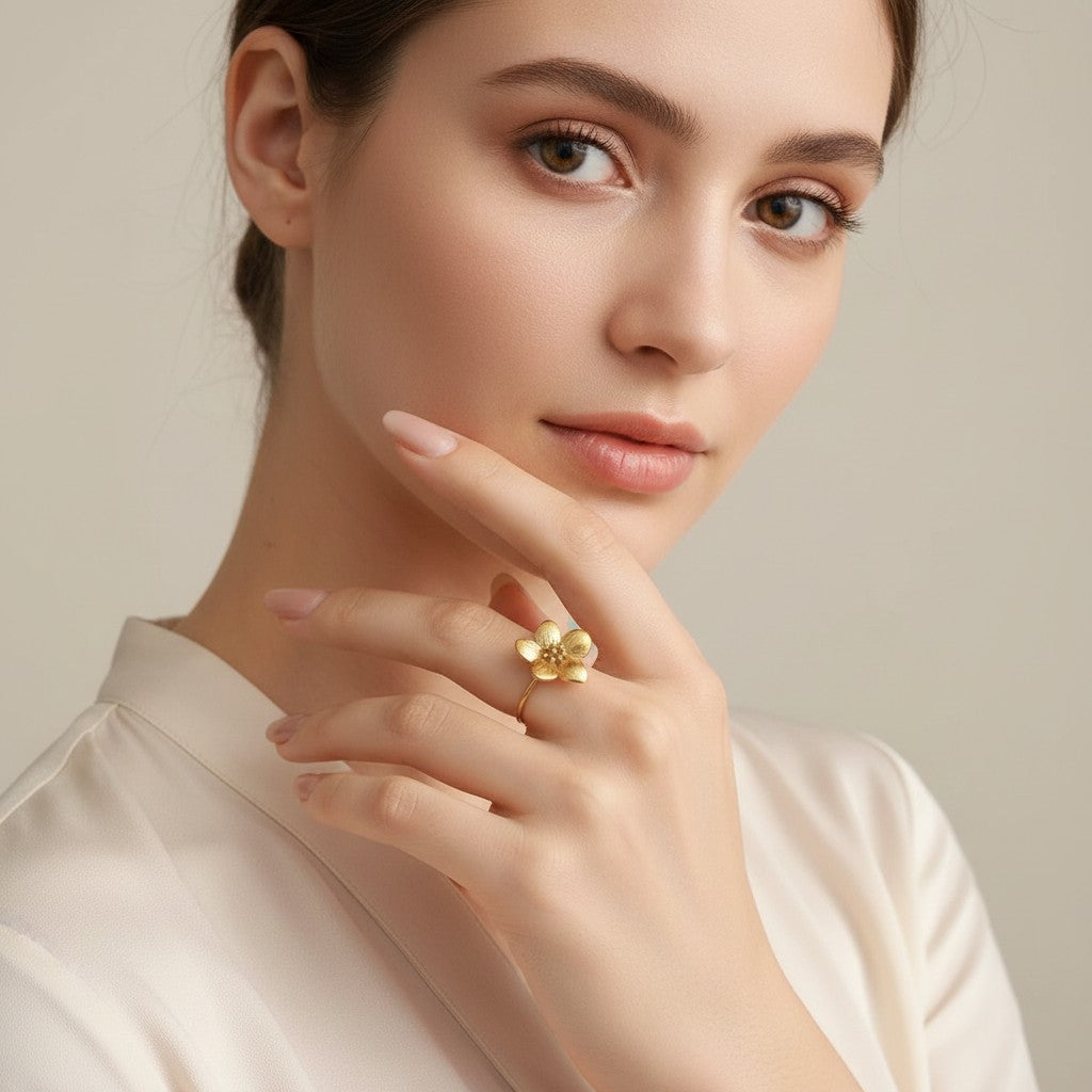Seraphina Treasures Nerium Ring, a gold-tone open band ring with a detailed floral motif. Elegant and nature-inspired.