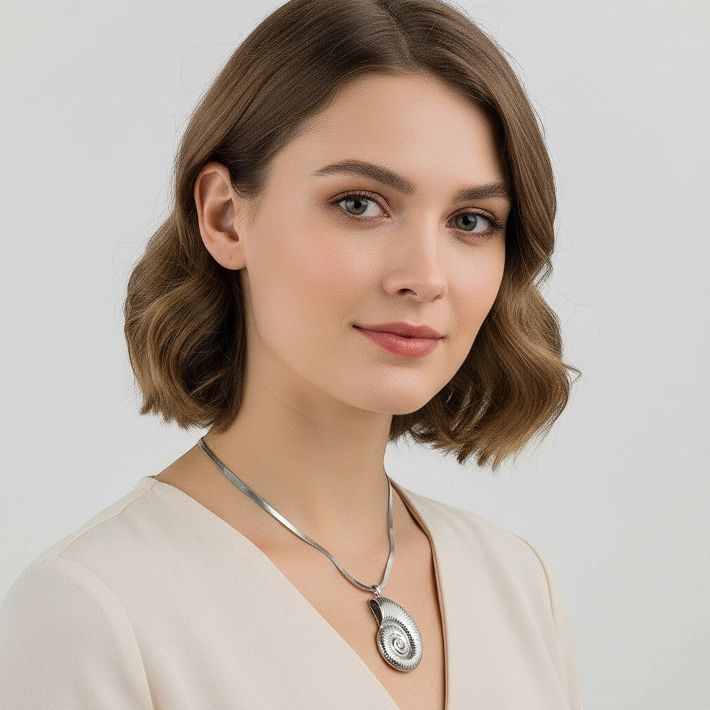 Seraphina Treasures Nymeris necklace with a silver ammonite pendant and a gold ammonite pendant on a herringbone chain.