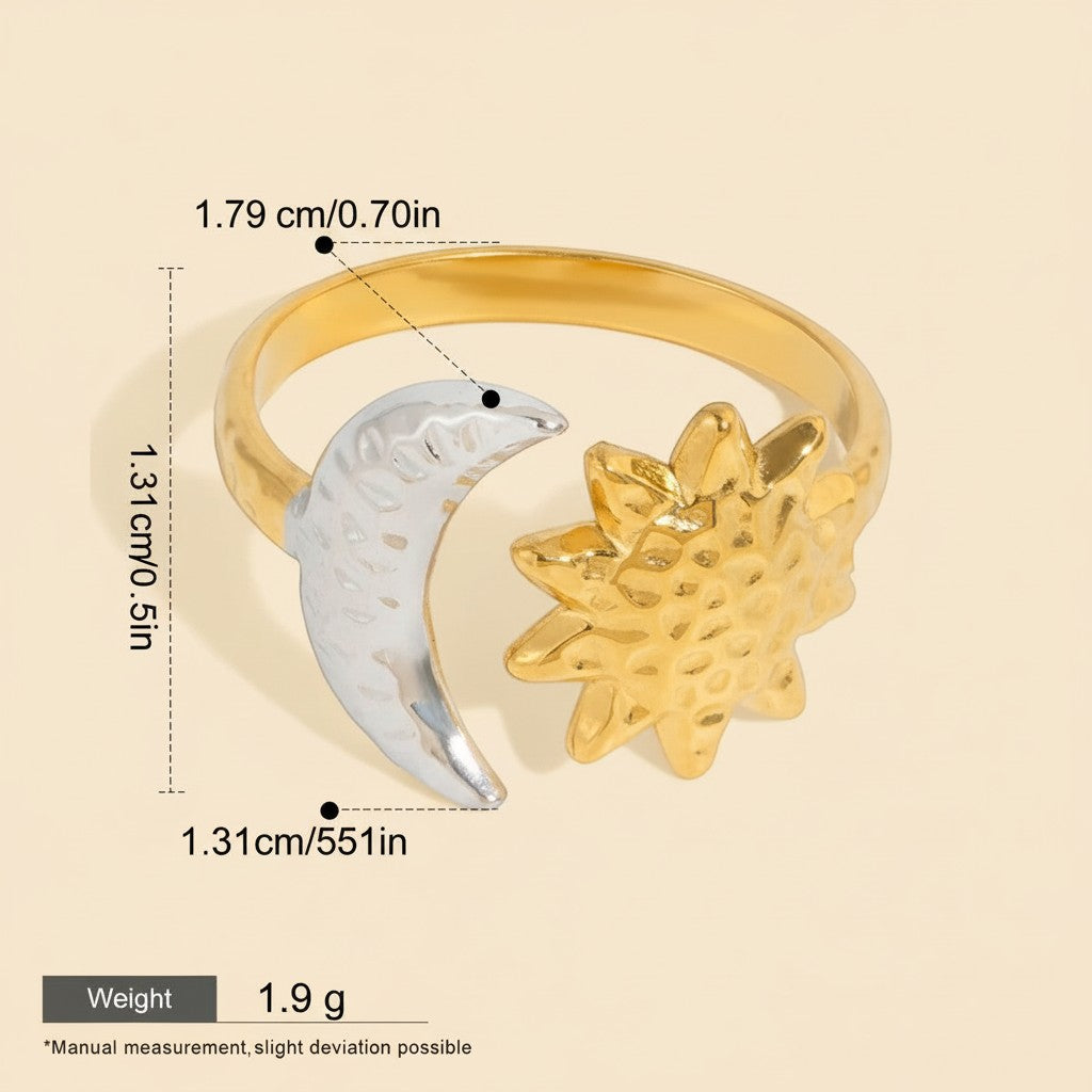 Seraphina Treasures Nyx adjustable gold and silver sun and moon open ring. Celestial motifs, hypoallergenic.