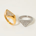 Seraphina Treasures Olyra ring in gold and silver, featuring a triangular face paved with clear rhinestones.