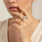 Seraphina Treasures Olyra Ring: gold and silver rings with triangular rhinestone-embellished tops.