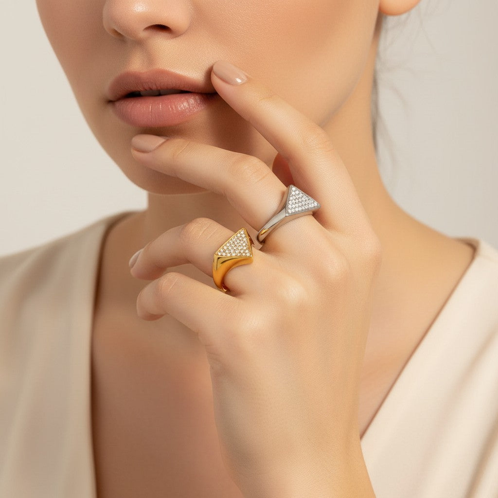 Seraphina Treasures Olyra Ring: gold and silver rings with triangular rhinestone-embellished tops.