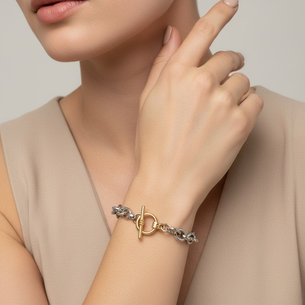Seraphina Treasures Opaline bracelet with silver and gold tone chunky chain links and toggle clasp.