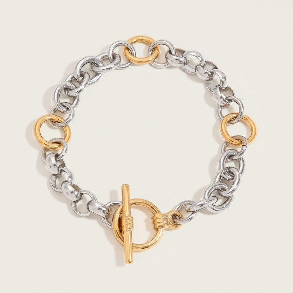 Seraphina Treasures Opaline dual-tone bracelet with silver and gold interlocking chain links and toggle clasp.