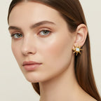 Seraphina Treasures Ophelia gold sun stud earrings with opal center, detailed rays.