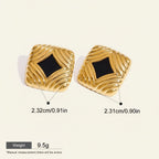Seraphina Treasures Ophira gold square earrings with black diamond inlay and textured border.