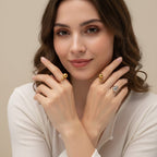 Seraphina Treasures Orbis ring with contrasting gold and silver balls in geometric design.
