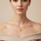 Seraphina Treasures Oria necklace with gold chain, pearls, and sun pendant. Adjustable length 40+5cm.
