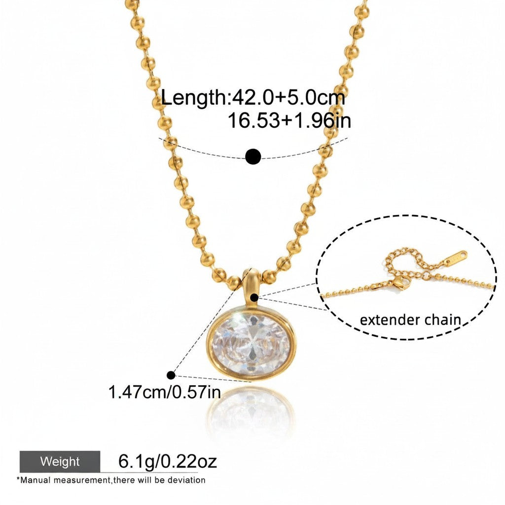 Seraphina Treasures Orpheus gold necklace with oval clear zircon pendant and extender chain. Waterproof and hypoallergenic.