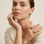 Seraphina Treasures Orvara ring with a wide silver band and a raised gold heart detail. Another ring with a gold band and silver heart.