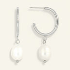 Seraphina Treasures silver hoop earrings with white freshwater pearl drops. Elegant, classic design.
