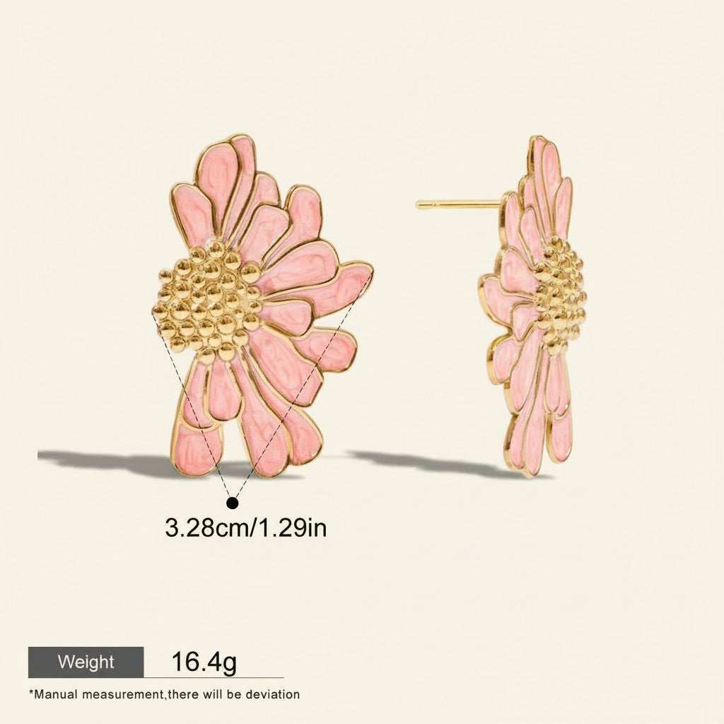 Seraphina Treasures pink enamel daisy earrings with gold accents, 3.28cm long.