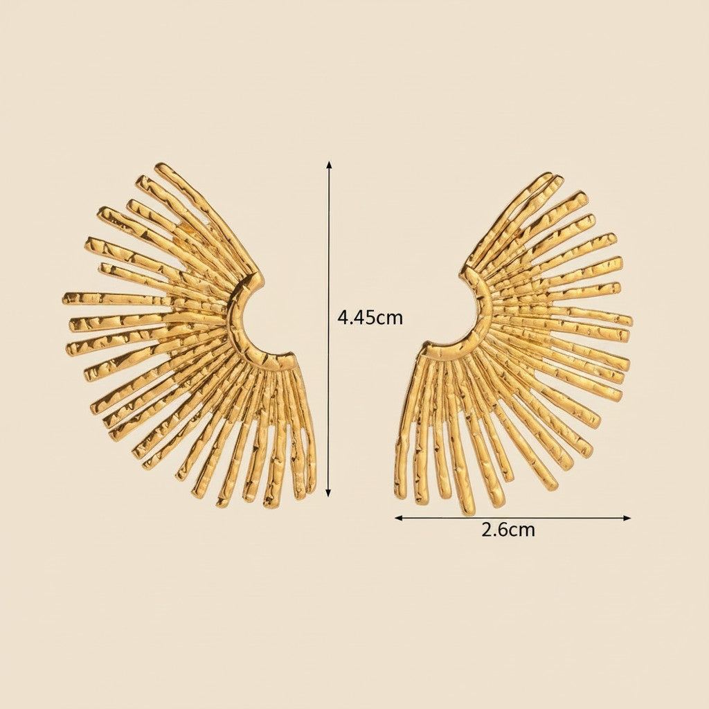 Seraphina Treasures Regalia gold-tone metal fan-shaped earrings with openwork scalloped design. Lightweight studs.