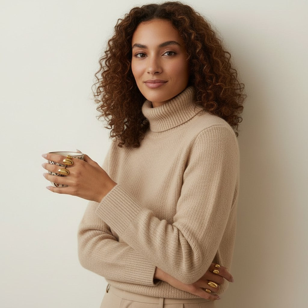 Seraphina Treasures Regara adjustable ring set with gold and silver finishes, worn by a model holding a glass of water.