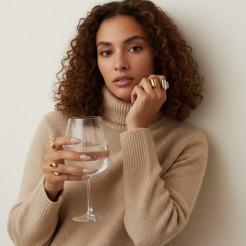 Seraphina Treasures Regara adjustable ring set with two gold and one silver oval-shaped, glossy finish rings.