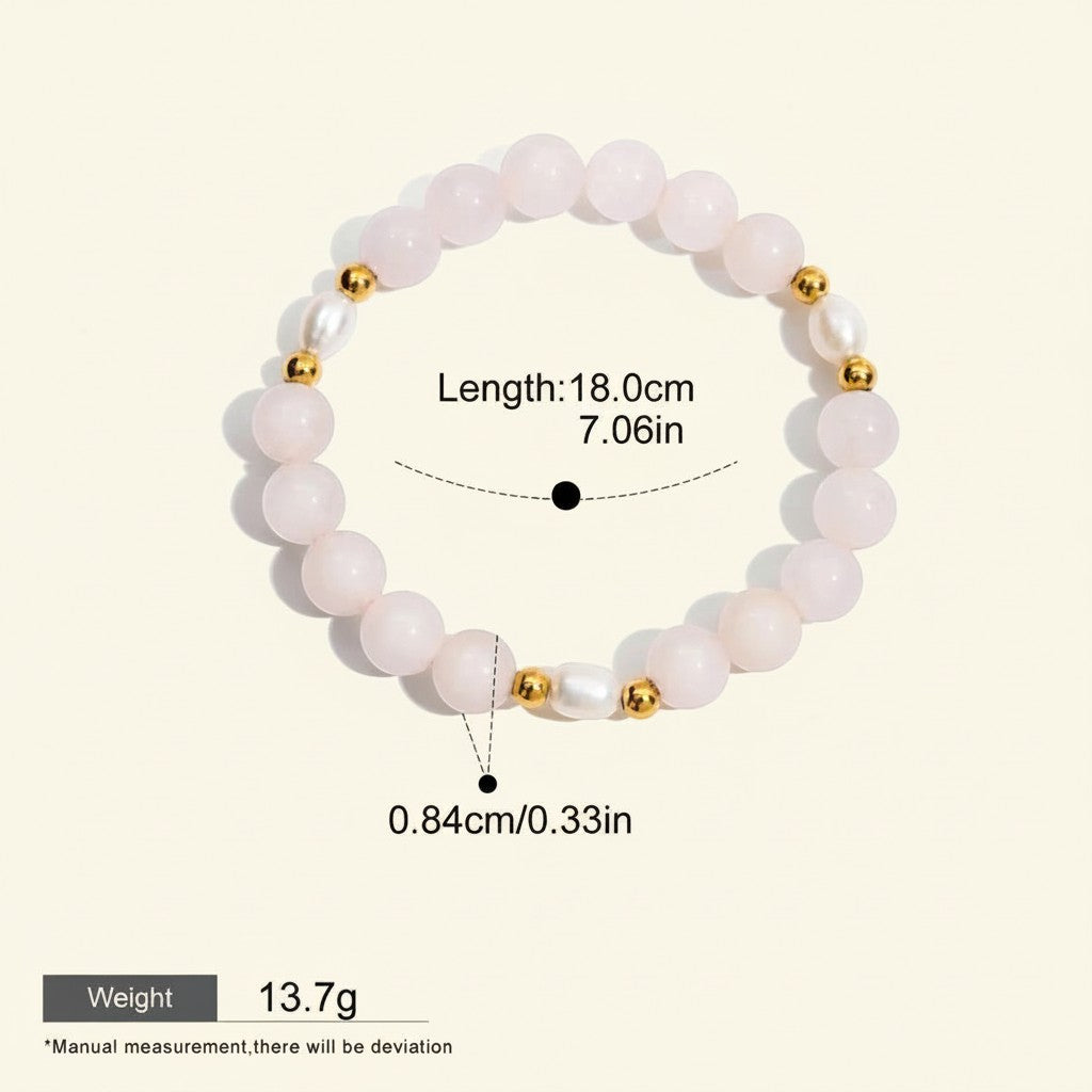 Seraphina Treasures Jocasta bracelet with rose quartz beads and pearls, gold accents. 18cm length.