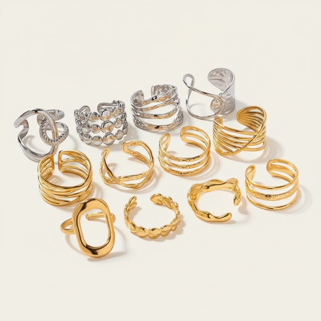 Seraphina Treasures Rubielle Rings: a collection of gold and silver adjustable rings with modern geometric designs.