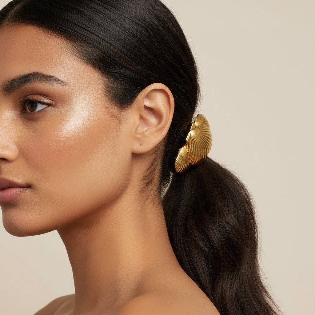 Seraphina Treasures Ishtar Seashell Ribbed Hair Rope, black elastic hair tie with gold seashell charm. Comfortable and secure hold.