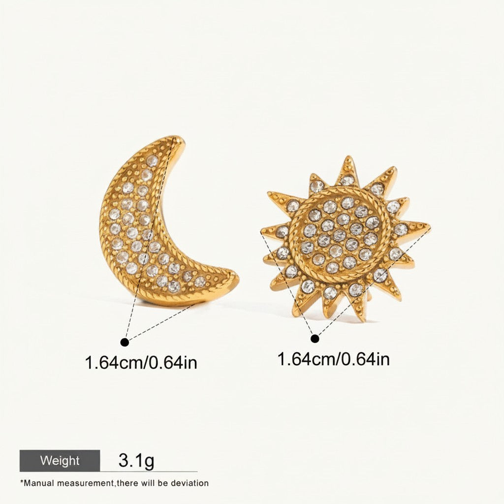 Seraphina Treasures Selara gold-tone earrings with sun and moon design, encrusted with sparkling zirconia stones.