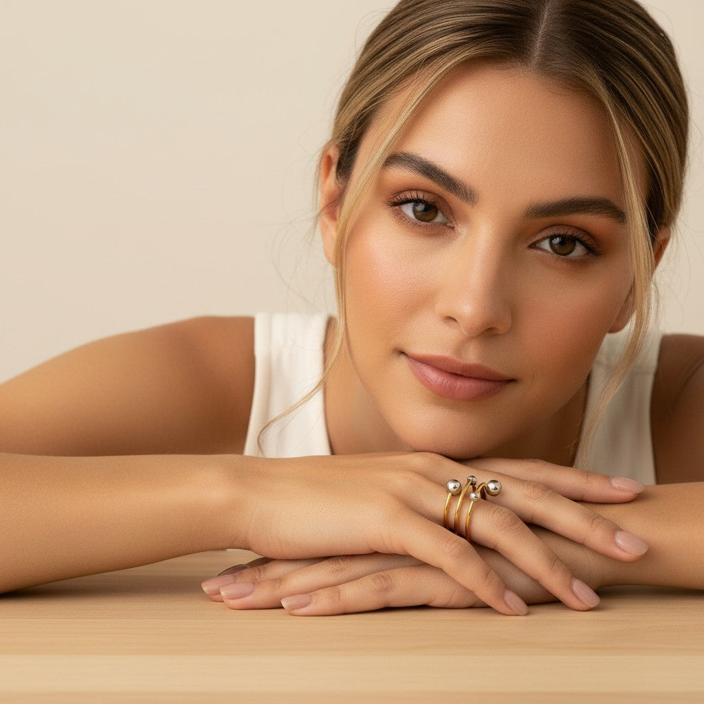 Seraphina Treasures Selenis ring with layered gold bands and silver bead accents. Mixed metal design.