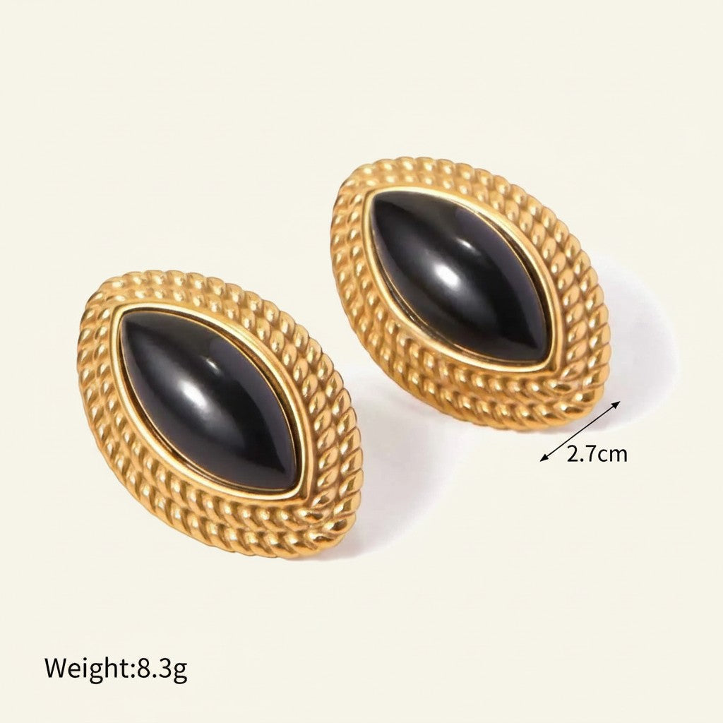 Seraphina Treasures Selenya gold-tone oval earrings with black onyx inlay and rope-like border.