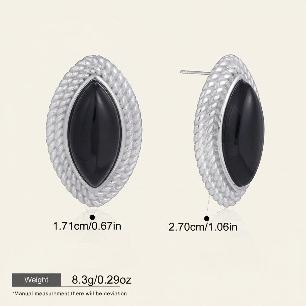 Seraphina Treasures Selenya oval black onyx stud earrings with silver rope-like border. Equestrian charm.