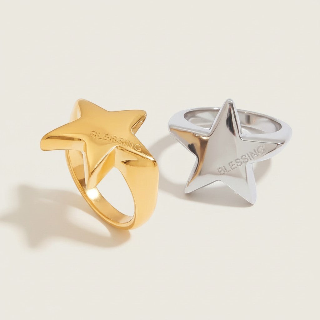 Seraphina Treasures Selora ring in gold and silver, featuring a star shape with BLESSING engraved.