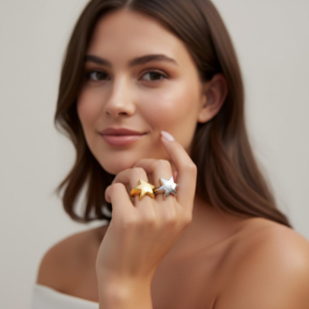 Seraphina Treasures Selora ring in gold and silver, featuring a star design with the word BLESSING engraved.
