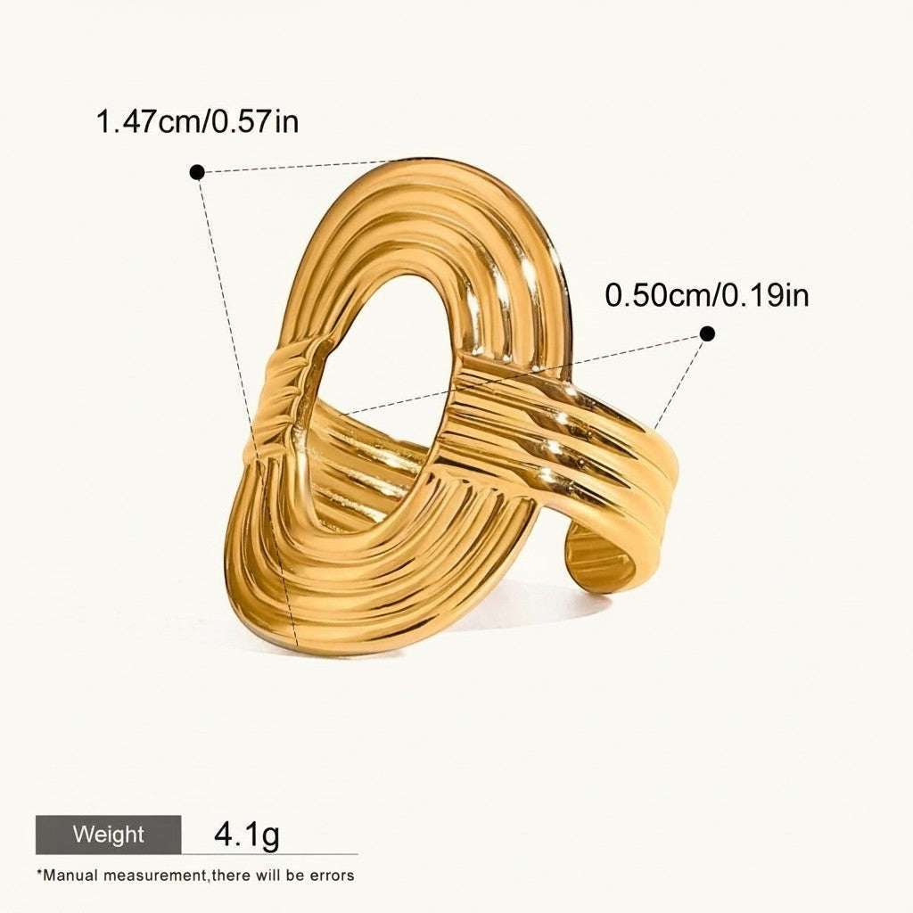 Seraphina Treasures Serastal gold-tone stainless steel ring with open adjustable band and geometric threading detail.