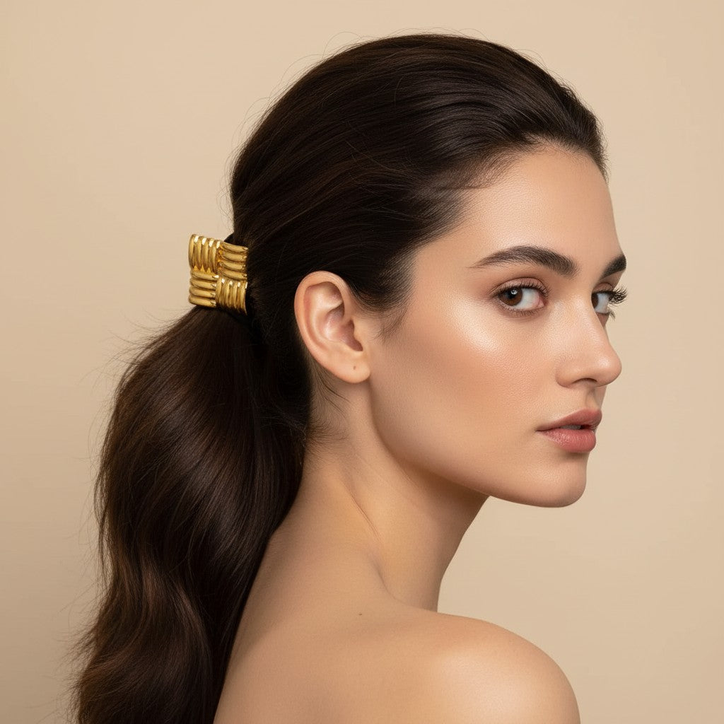 Seraphina Treasures Seshat gold square hair tie with ribbed texture and black elastic band.