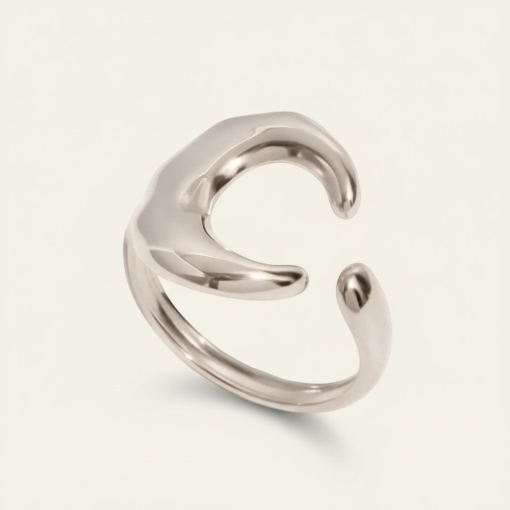 Seraphina Treasures silver crescent moon open ring, vintage style, adjustable size, statement jewelry.