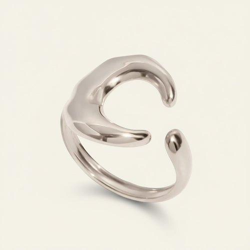 Seraphina Treasures silver crescent moon open ring, vintage style, adjustable size, statement jewelry.