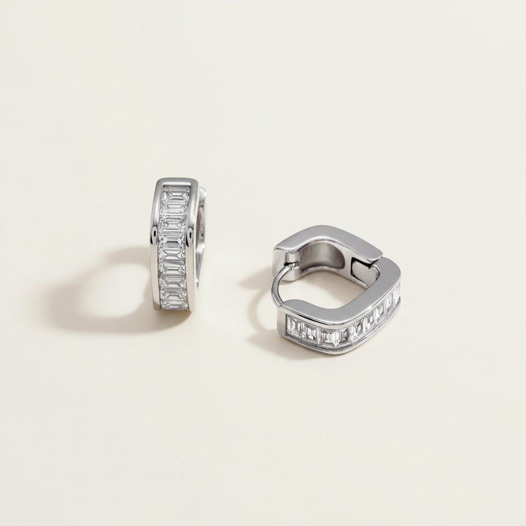 Seraphina Treasures Kymeris silver geometric earrings with baguette-cut crystals.