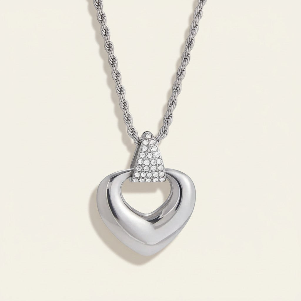 Seraphina Treasures silver heart pendant necklace with crystal accents and rope chain.
