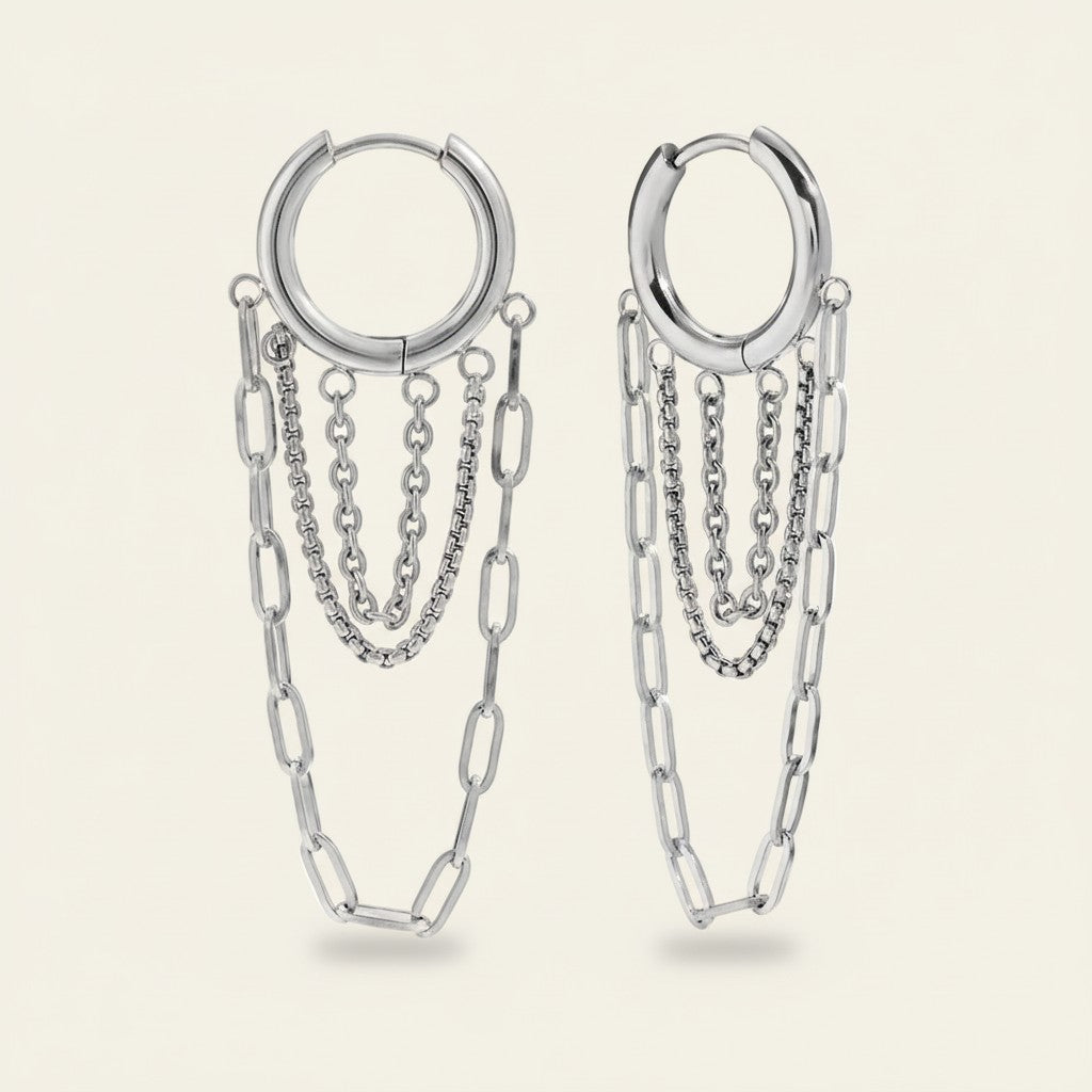 Seraphina Treasures silver multi-chain hoop earrings with delicate tassels. Minimalist, elegant design.
